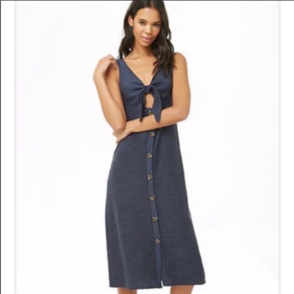 BLUE BLUSH | NEW! Navy Blue Tie Front Button Up Midi Length Dress Women’s Size S